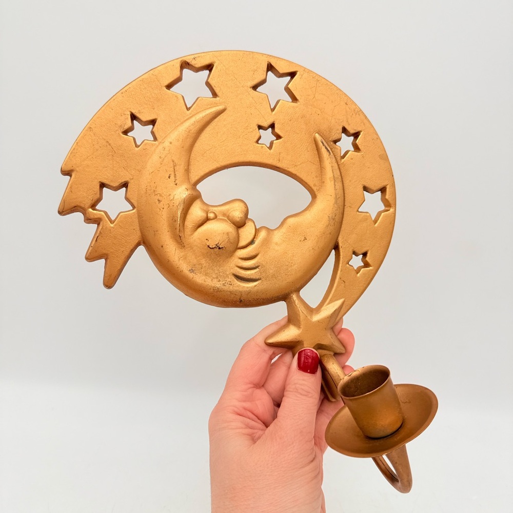 Vintage Brass PartyLite Sun Moon Stars Wall Sconce | Celestial Candle Holder